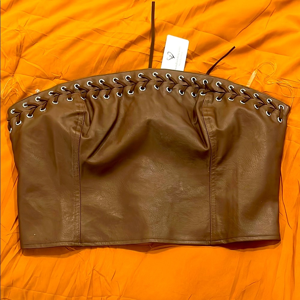 Brown Lace-Up Leather Strapless Bustier Top